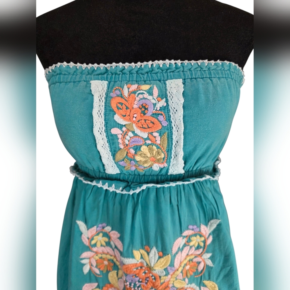 Miss Me Strapless Embroidered Lined Mini Dress Teal Cotton Small Boho Festival - Picture 3 of 9